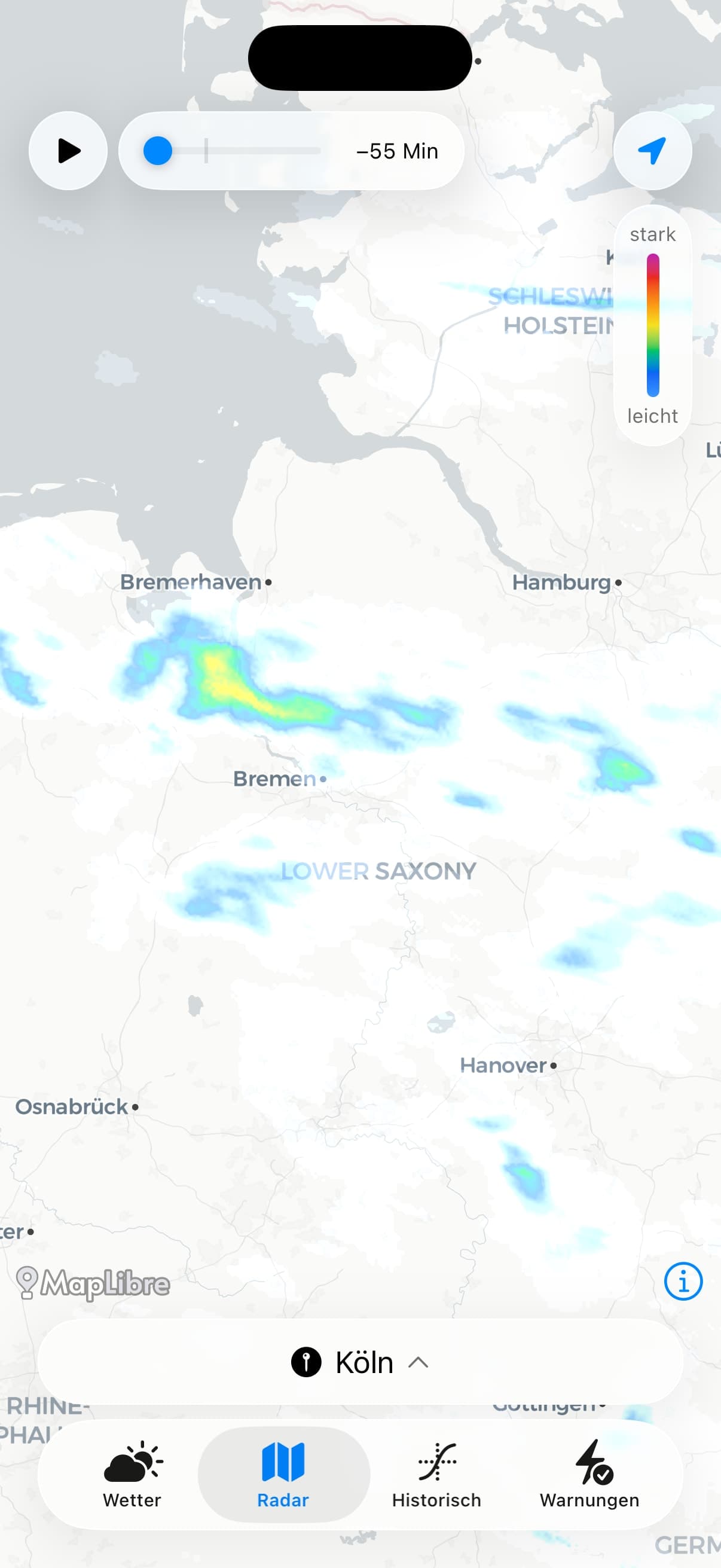 Radar-Tab mit Karte und Zeitregler
